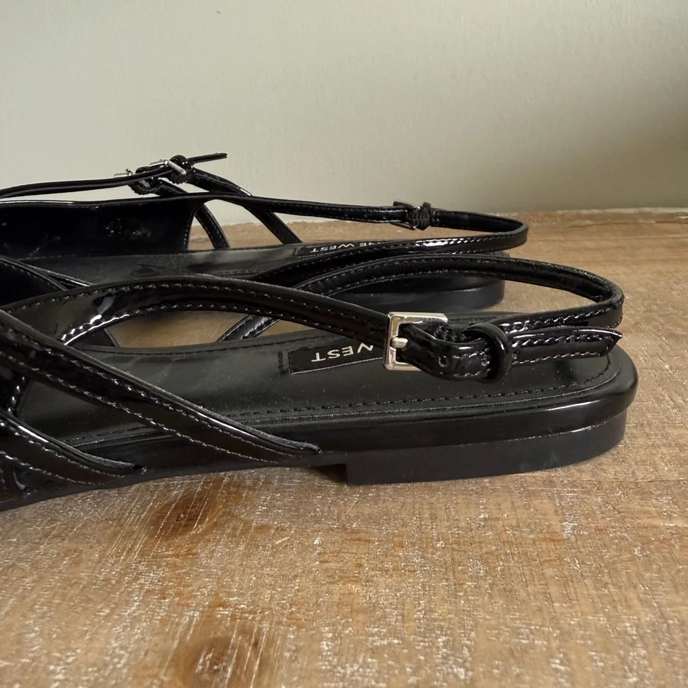 Nine West Black Patent Pointed Slingback Flats with Double Straps